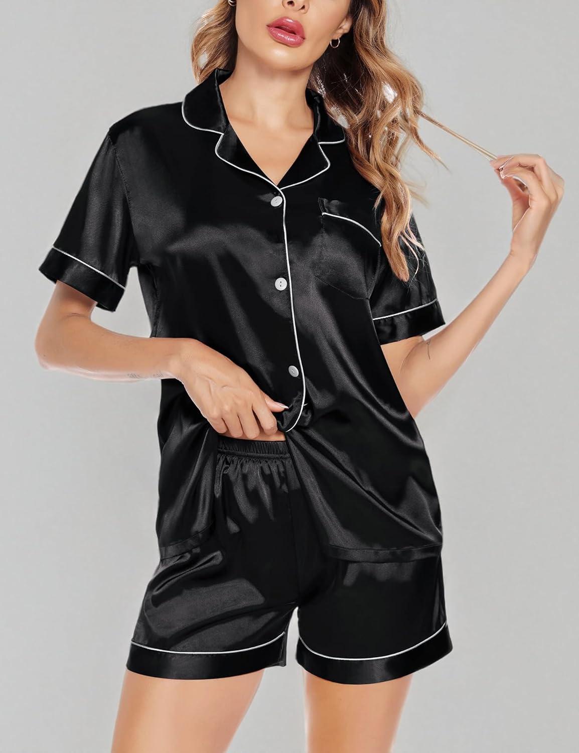 imageSWOMOG Satin Matching Pajamas Sets Couple Silk Button Down Nightwear Women amp Men Short Sleeve Sleepwear 2 Pieces LoungewearBlack