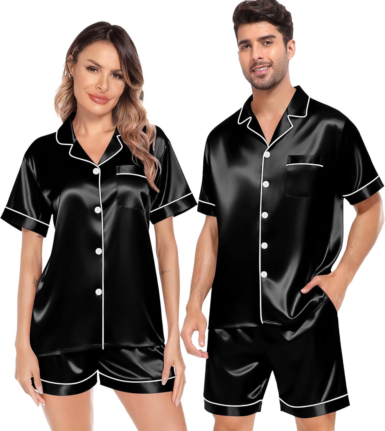 imageSWOMOG Satin Matching Pajamas Sets Couple Silk Button Down Nightwear Women amp Men Short Sleeve Sleepwear 2 Pieces LoungewearBlack