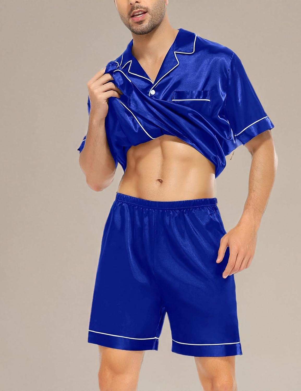 imageSWOMOG Satin Matching Pajamas Sets Couple Silk Button Down Nightwear Women amp Men Short Sleeve Sleepwear 2 Pieces LoungewearBlue