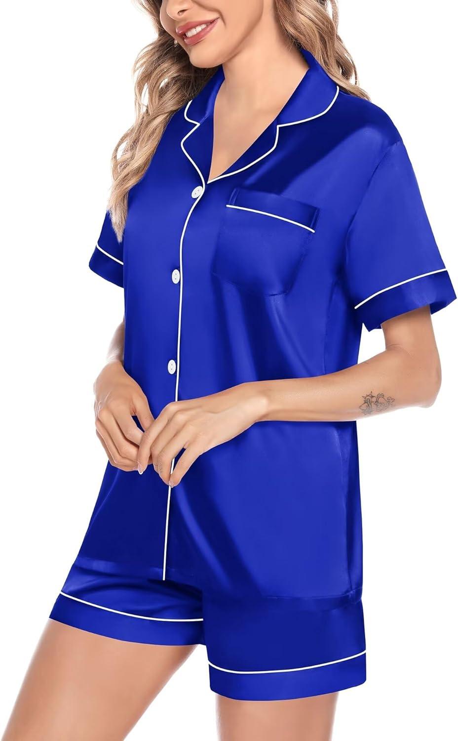 imageSWOMOG Satin Matching Pajamas Sets Couple Silk Button Down Nightwear Women amp Men Short Sleeve Sleepwear 2 Pieces LoungewearBlue
