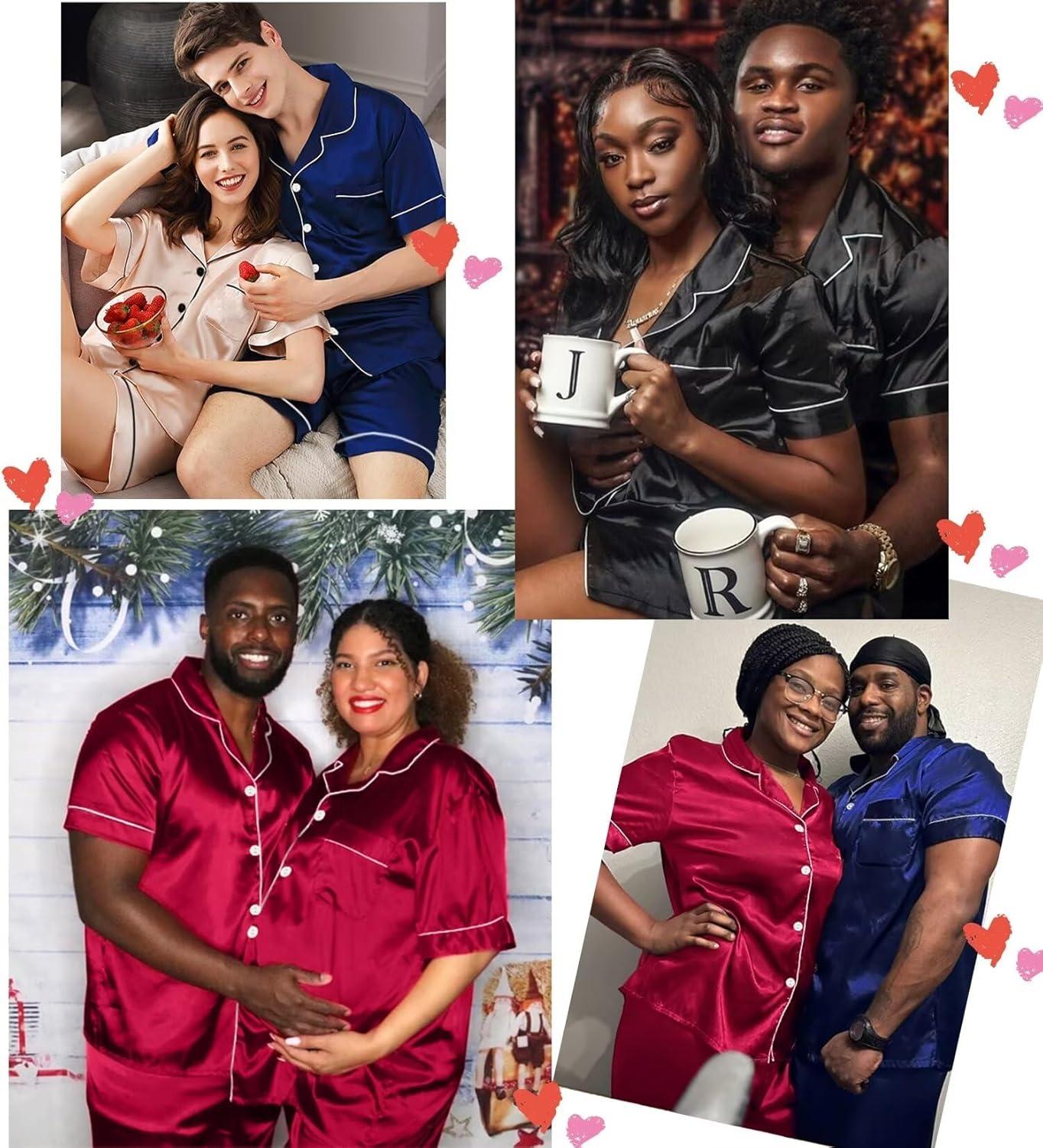 imageSWOMOG Satin Matching Pajamas Sets Couple Silk Button Down Nightwear Women amp Men Short Sleeve Sleepwear 2 Pieces LoungewearBlue