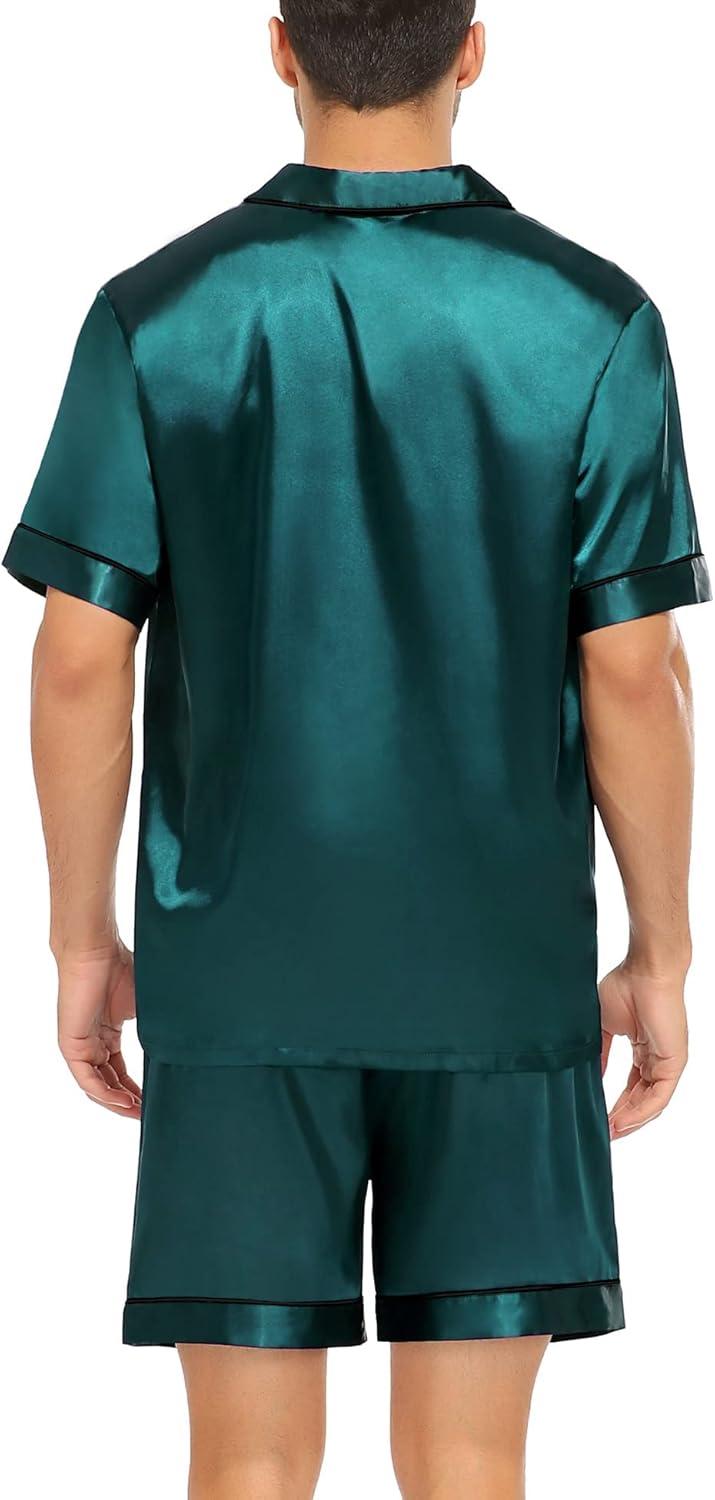 imageSWOMOG Satin Matching Pajamas Sets Couple Silk Button Down Nightwear Women amp Men Short Sleeve Sleepwear 2 Pieces LoungewearDark Green