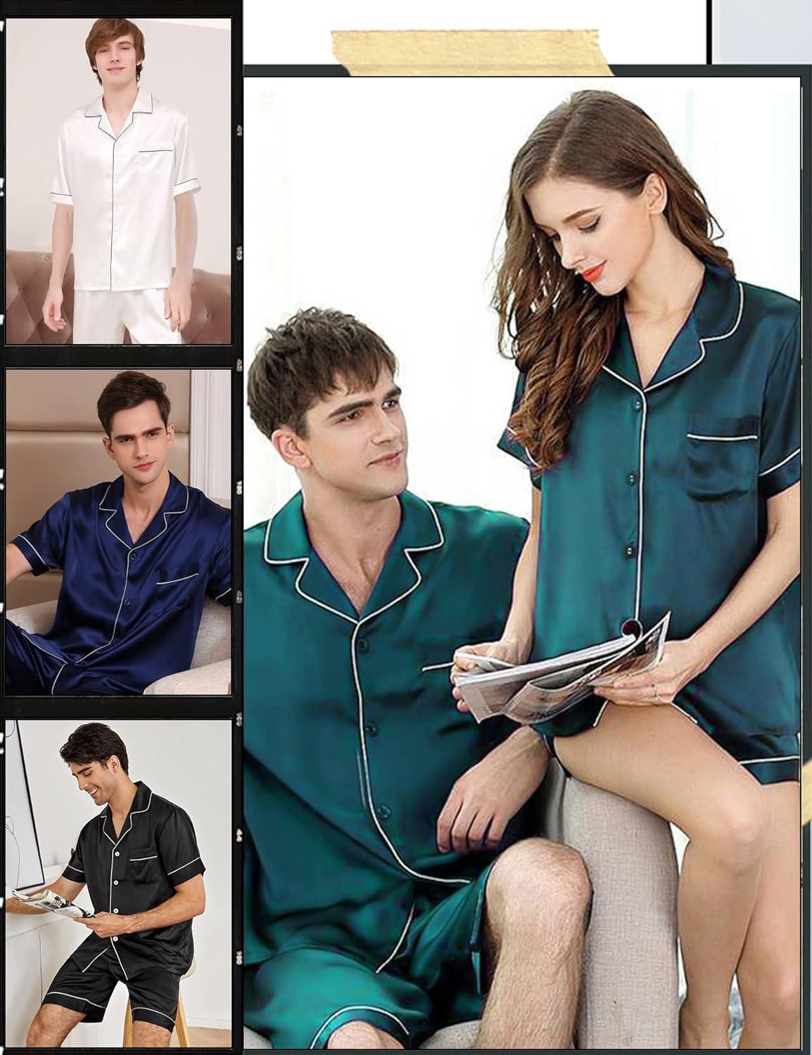 imageSWOMOG Satin Matching Pajamas Sets Couple Silk Button Down Nightwear Women amp Men Short Sleeve Sleepwear 2 Pieces LoungewearDark Green