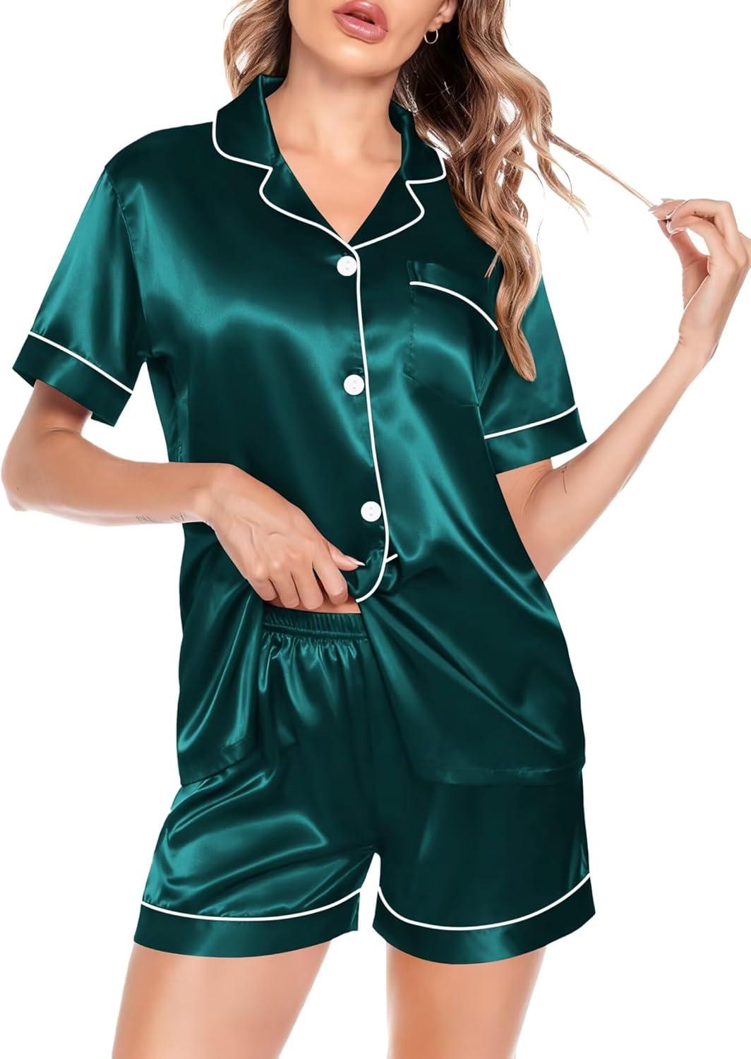 imageSWOMOG Satin Matching Pajamas Sets Couple Silk Button Down Nightwear Women amp Men Short Sleeve Sleepwear 2 Pieces LoungewearDark Green