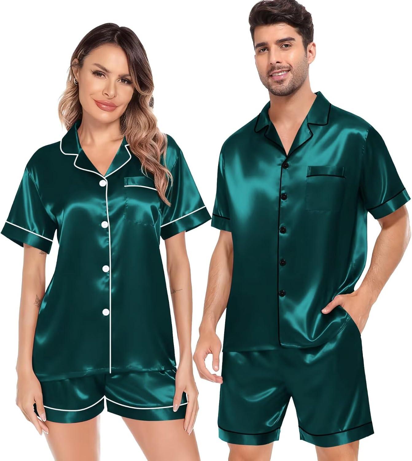 imageSWOMOG Satin Matching Pajamas Sets Couple Silk Button Down Nightwear Women amp Men Short Sleeve Sleepwear 2 Pieces LoungewearDark Green