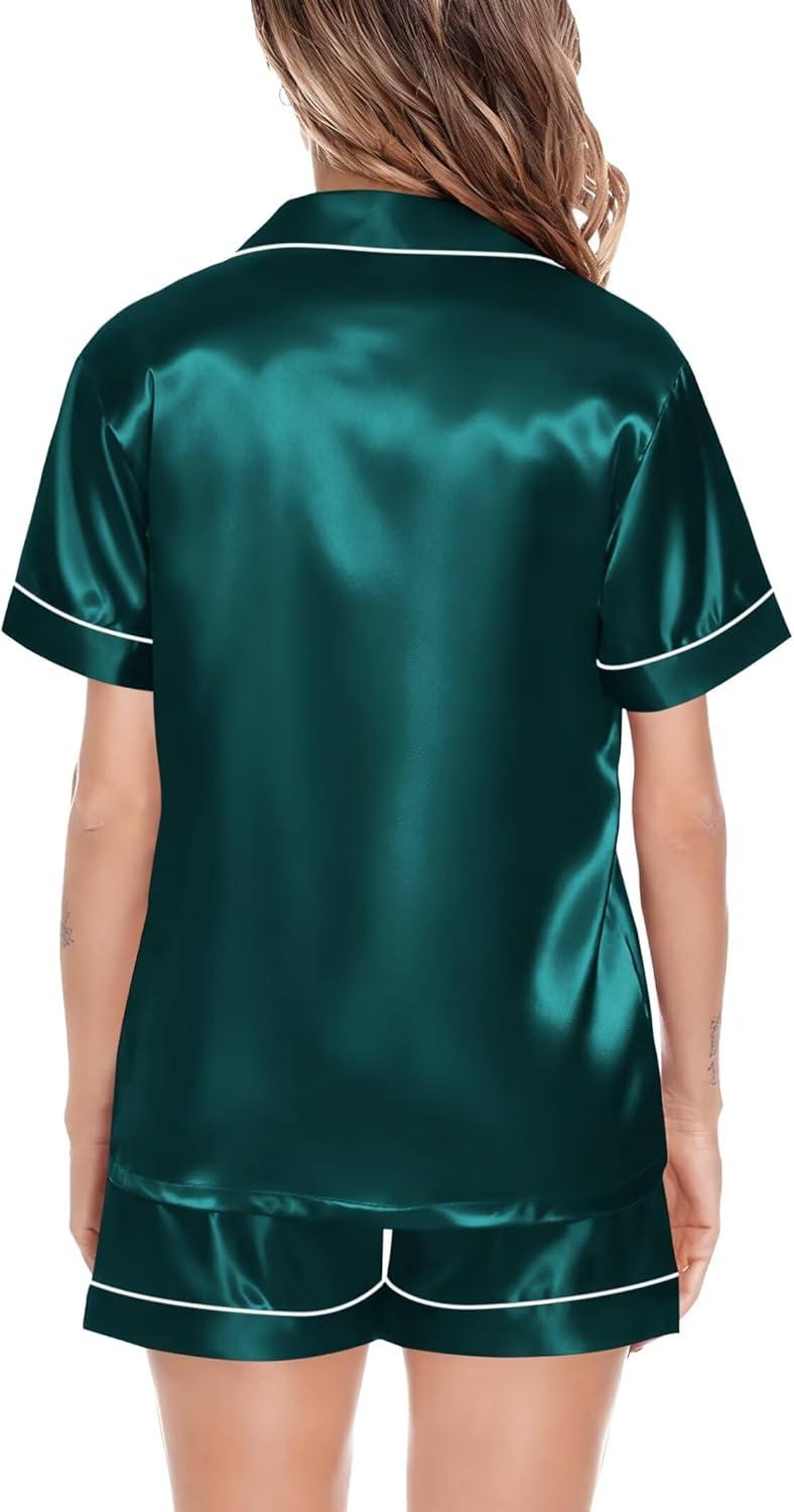 imageSWOMOG Satin Matching Pajamas Sets Couple Silk Button Down Nightwear Women amp Men Short Sleeve Sleepwear 2 Pieces LoungewearDark Green