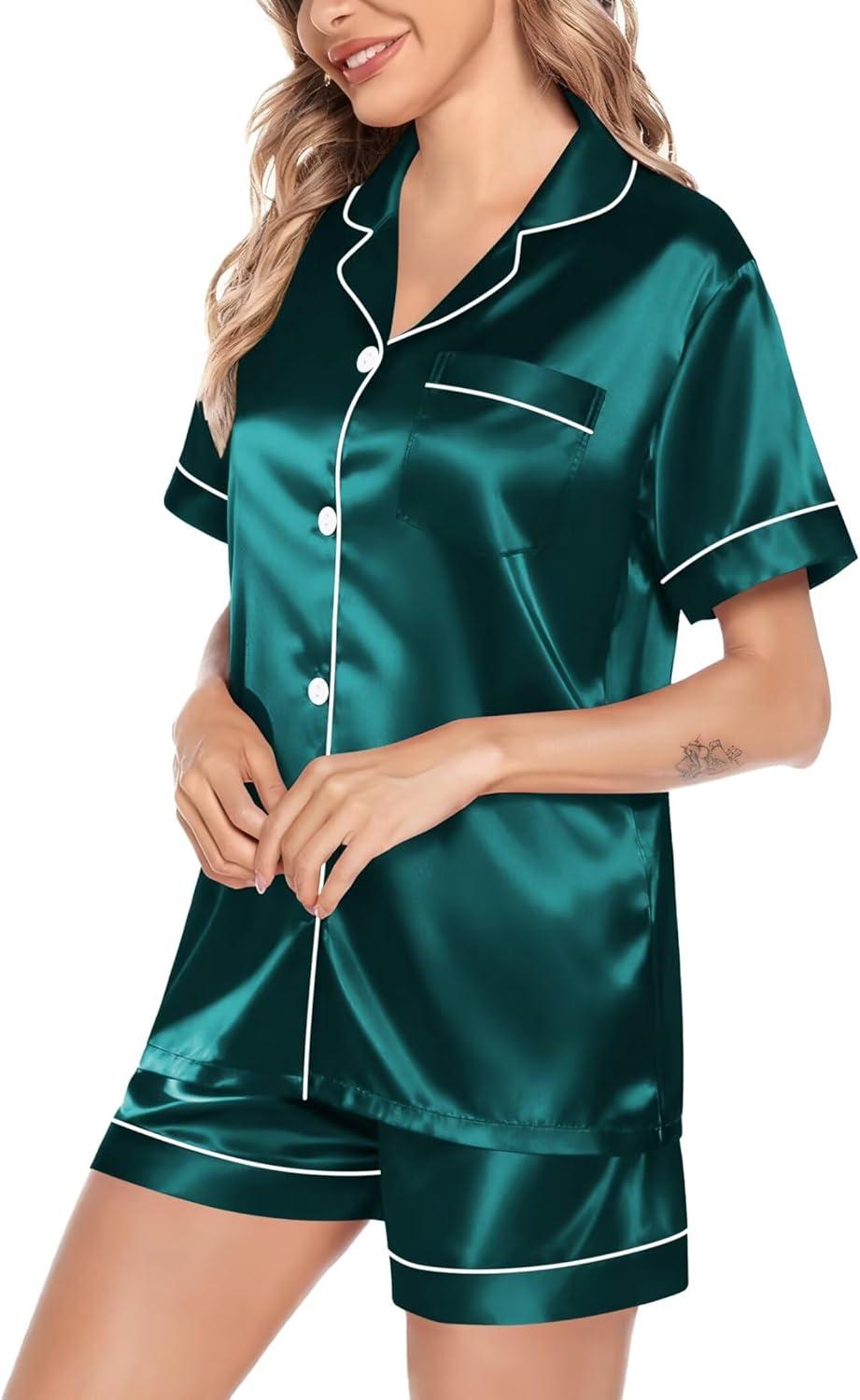 imageSWOMOG Satin Matching Pajamas Sets Couple Silk Button Down Nightwear Women amp Men Short Sleeve Sleepwear 2 Pieces LoungewearDark Green