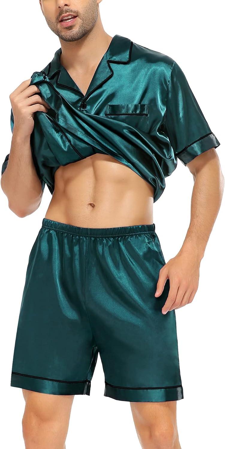 imageSWOMOG Satin Matching Pajamas Sets Couple Silk Button Down Nightwear Women amp Men Short Sleeve Sleepwear 2 Pieces LoungewearDark Green