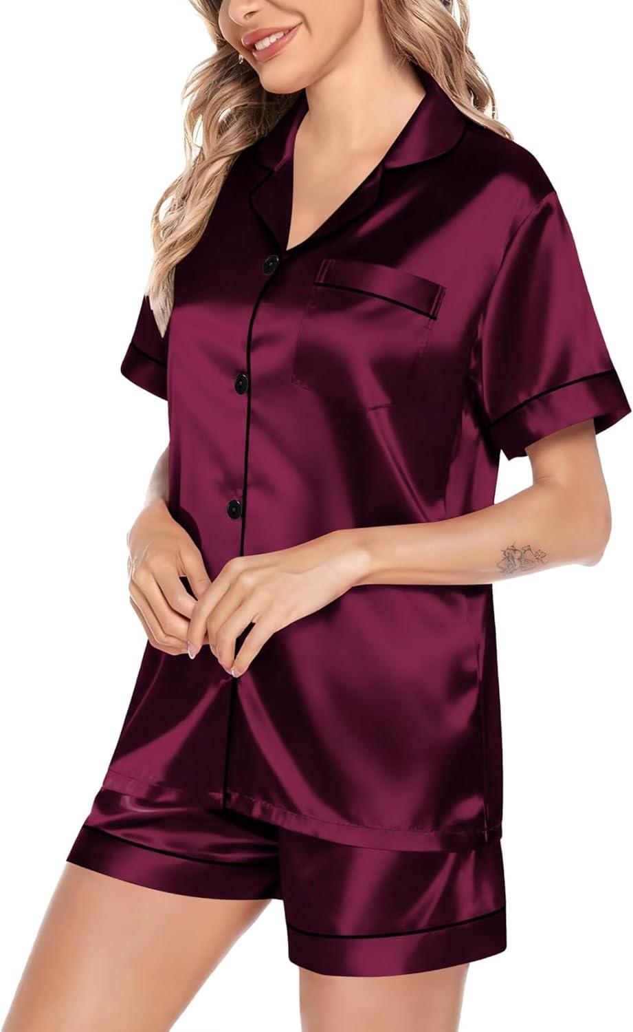 imageSWOMOG Satin Matching Pajamas Sets Couple Silk Button Down Nightwear Women amp Men Short Sleeve Sleepwear 2 Pieces LoungewearDark Wine Red