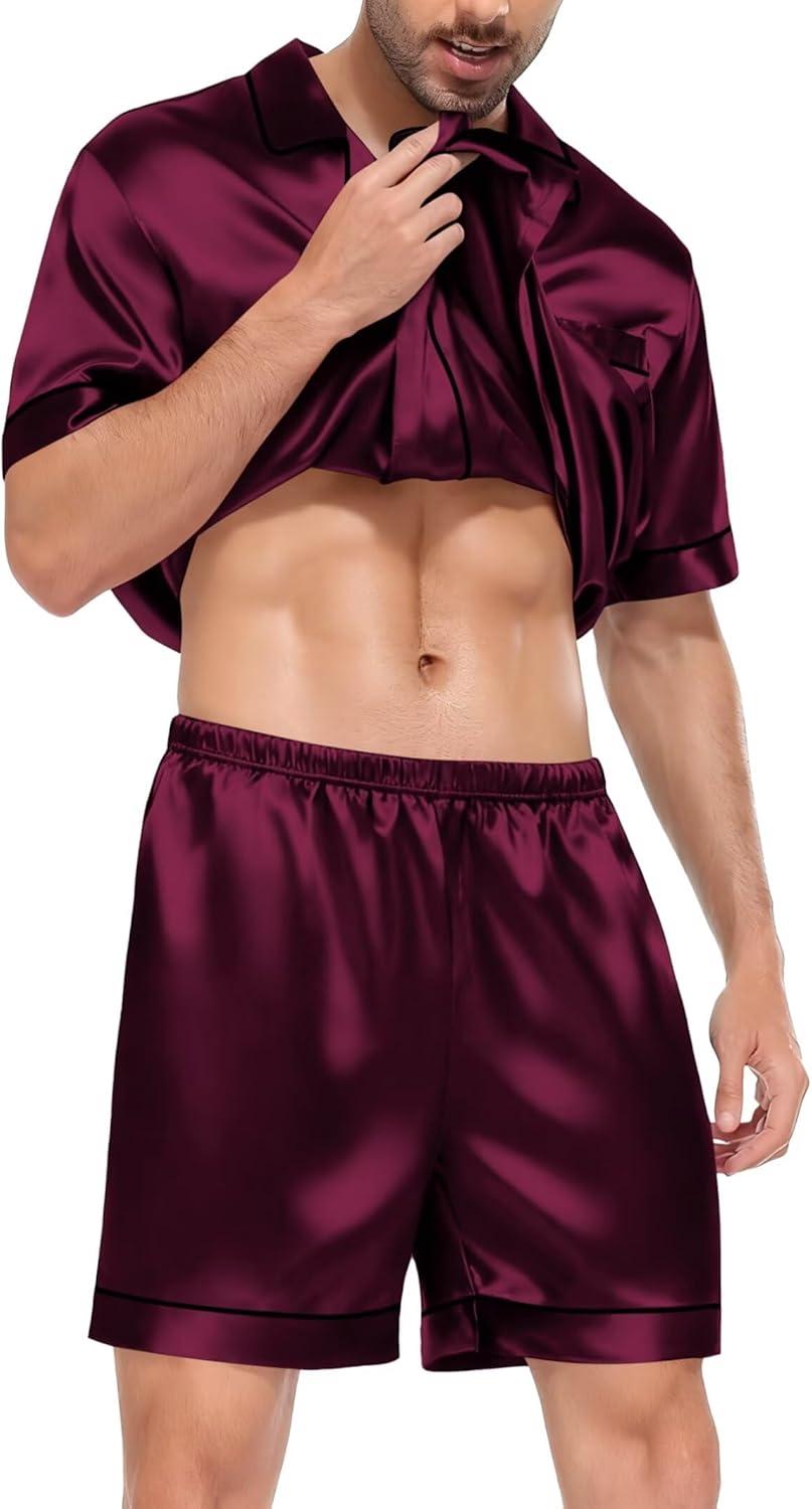imageSWOMOG Satin Matching Pajamas Sets Couple Silk Button Down Nightwear Women amp Men Short Sleeve Sleepwear 2 Pieces LoungewearDark Wine Red