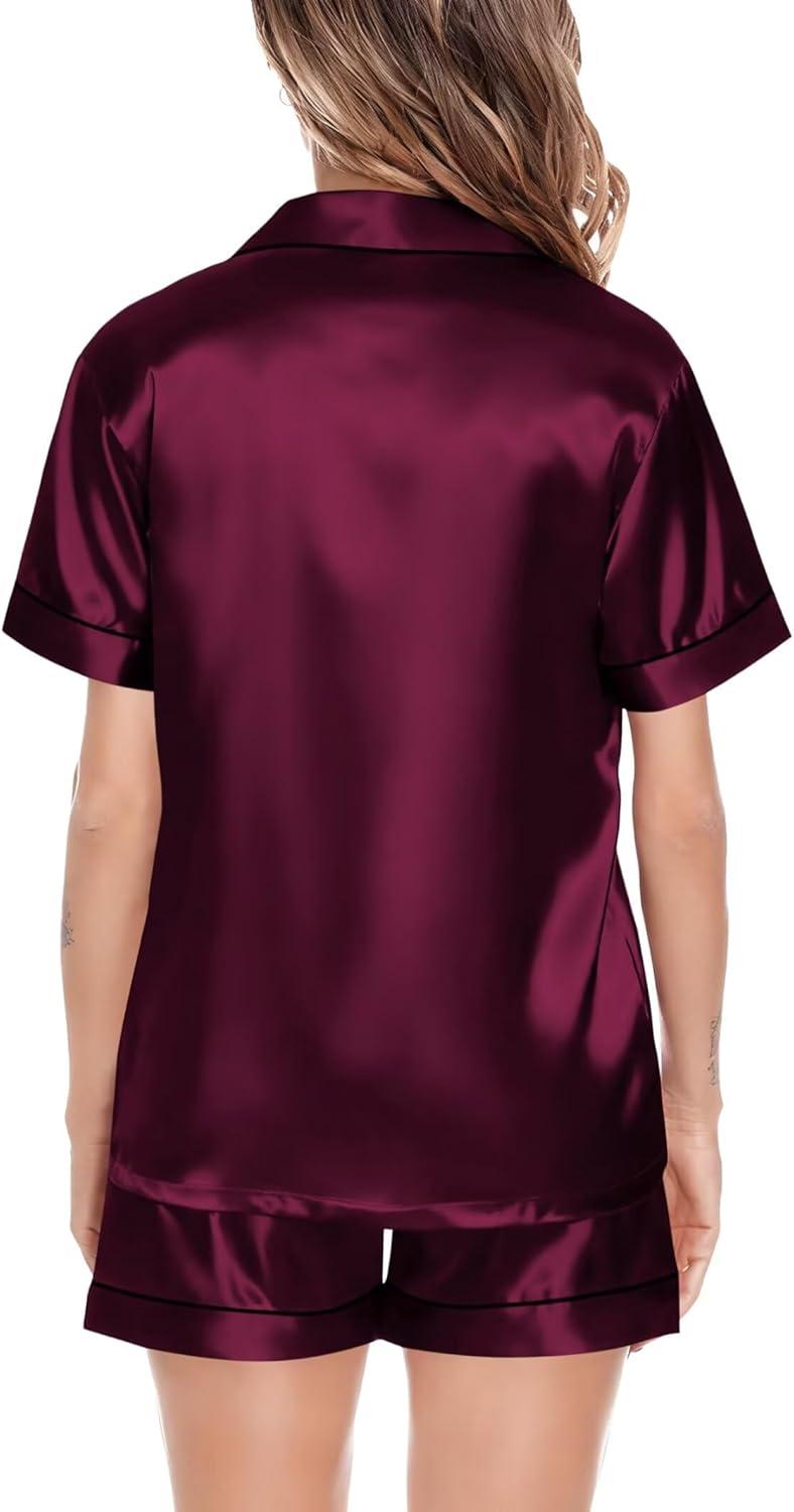 imageSWOMOG Satin Matching Pajamas Sets Couple Silk Button Down Nightwear Women amp Men Short Sleeve Sleepwear 2 Pieces LoungewearDark Wine Red