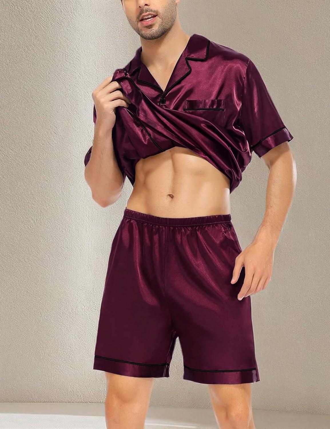 imageSWOMOG Satin Matching Pajamas Sets Couple Silk Button Down Nightwear Women amp Men Short Sleeve Sleepwear 2 Pieces LoungewearDark Wine Red