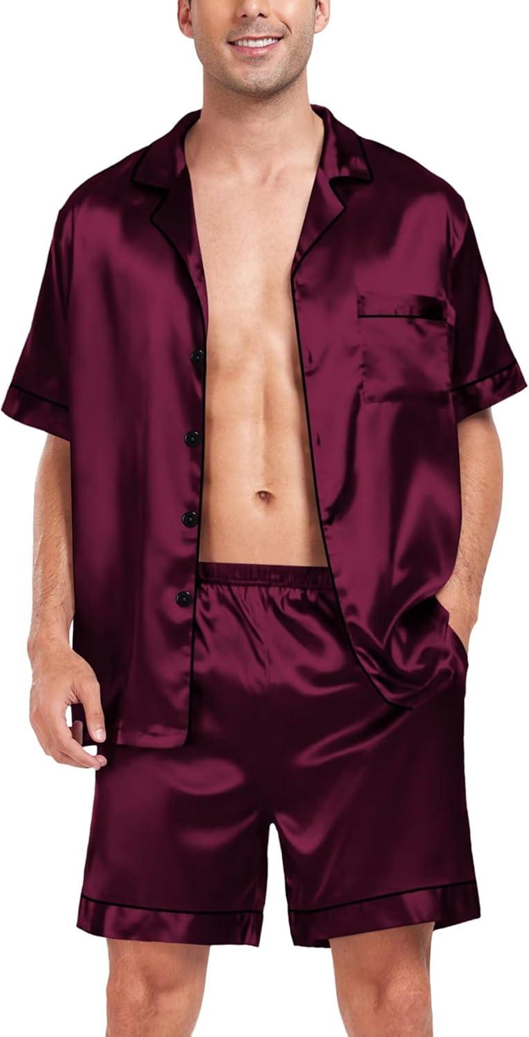 imageSWOMOG Satin Matching Pajamas Sets Couple Silk Button Down Nightwear Women amp Men Short Sleeve Sleepwear 2 Pieces LoungewearDark Wine Red