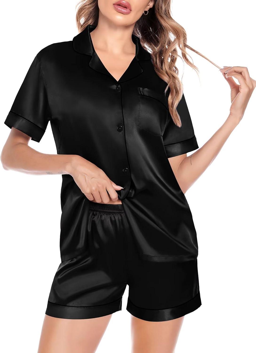 imageSWOMOG Satin Matching Pajamas Sets Couple Silk Button Down Nightwear Women amp Men Short Sleeve Sleepwear 2 Pieces LoungewearDimblack