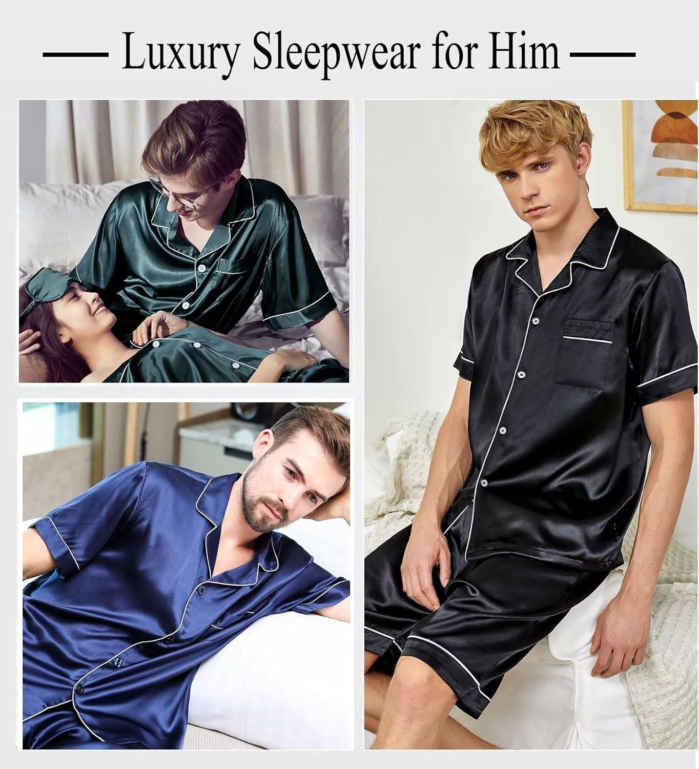 imageSWOMOG Satin Matching Pajamas Sets Couple Silk Button Down Nightwear Women amp Men Short Sleeve Sleepwear 2 Pieces LoungewearDimblack