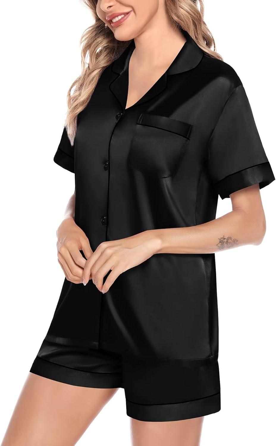 imageSWOMOG Satin Matching Pajamas Sets Couple Silk Button Down Nightwear Women amp Men Short Sleeve Sleepwear 2 Pieces LoungewearDimblack