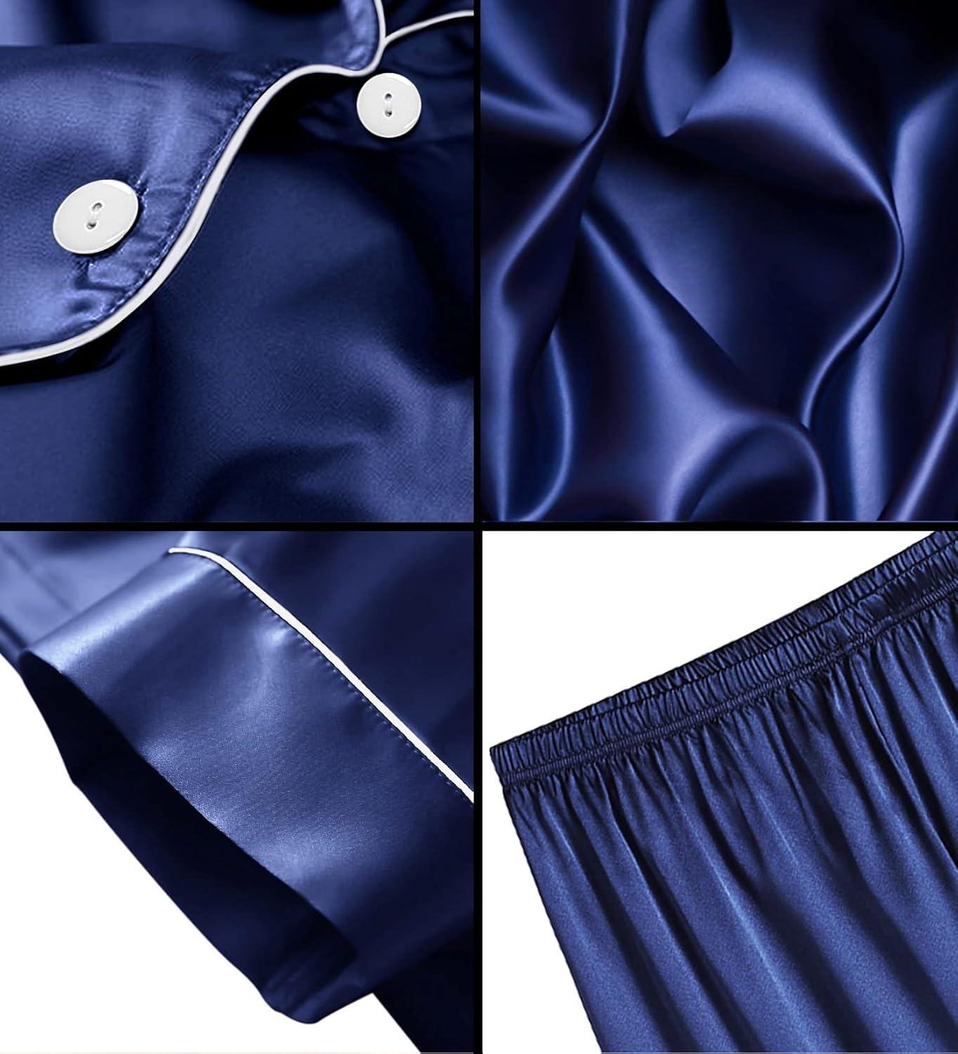 imageSWOMOG Satin Matching Pajamas Sets Couple Silk Button Down Nightwear Women amp Men Short Sleeve Sleepwear 2 Pieces LoungewearNavy Blue