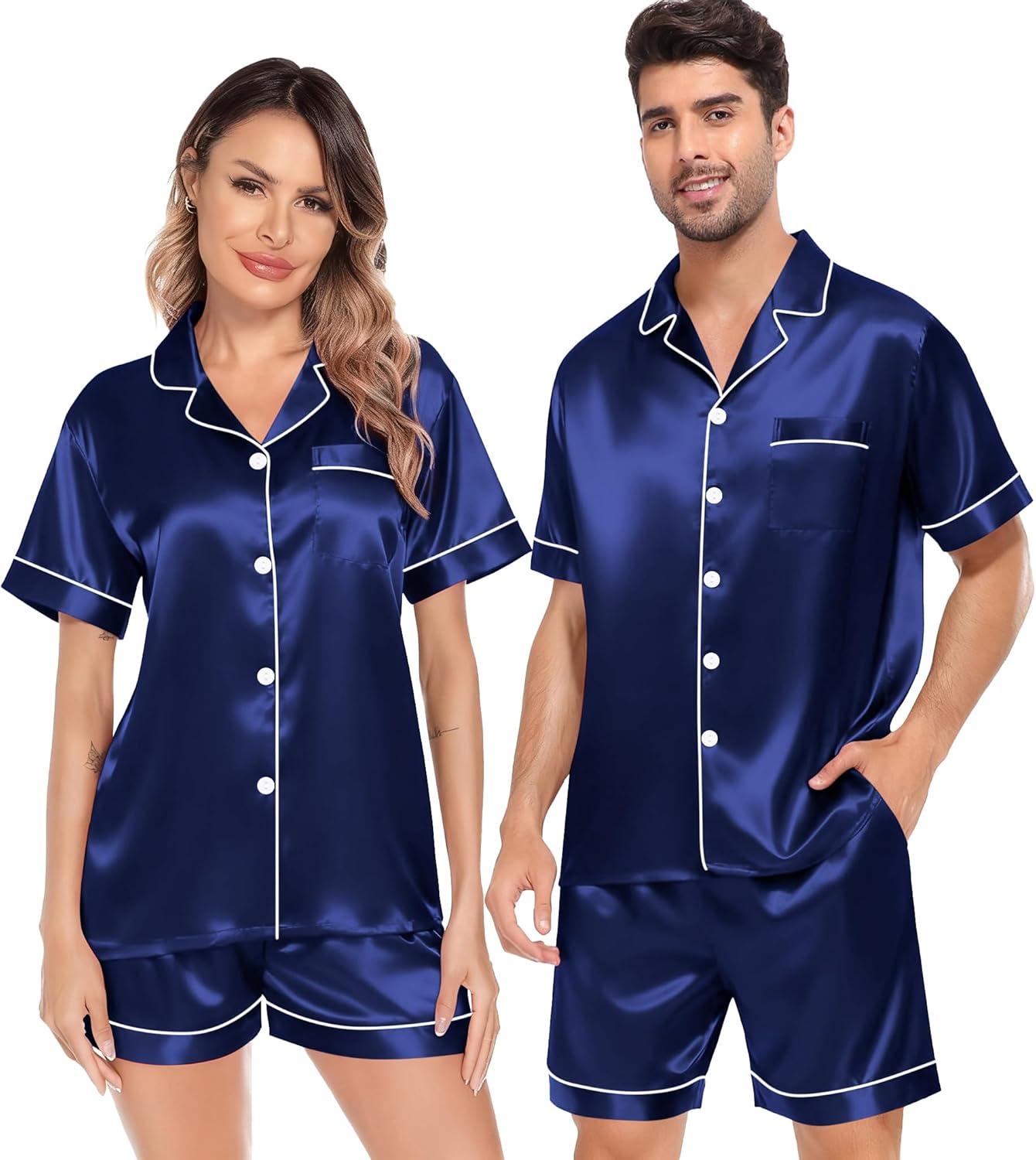 imageSWOMOG Satin Matching Pajamas Sets Couple Silk Button Down Nightwear Women amp Men Short Sleeve Sleepwear 2 Pieces LoungewearNavy Blue