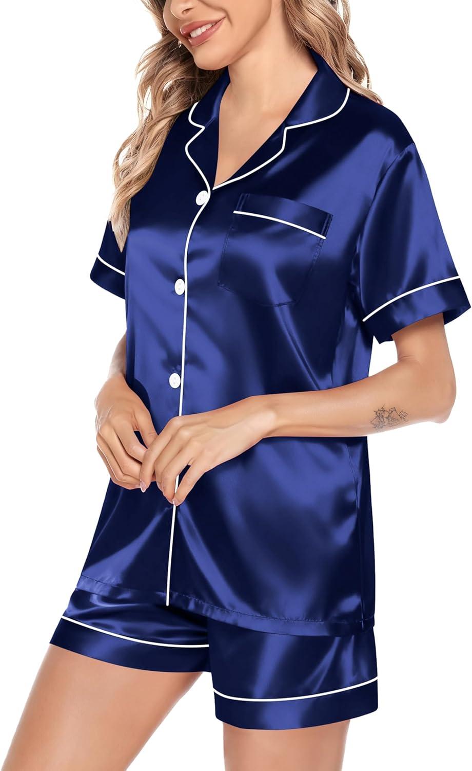 imageSWOMOG Satin Matching Pajamas Sets Couple Silk Button Down Nightwear Women amp Men Short Sleeve Sleepwear 2 Pieces LoungewearNavy Blue