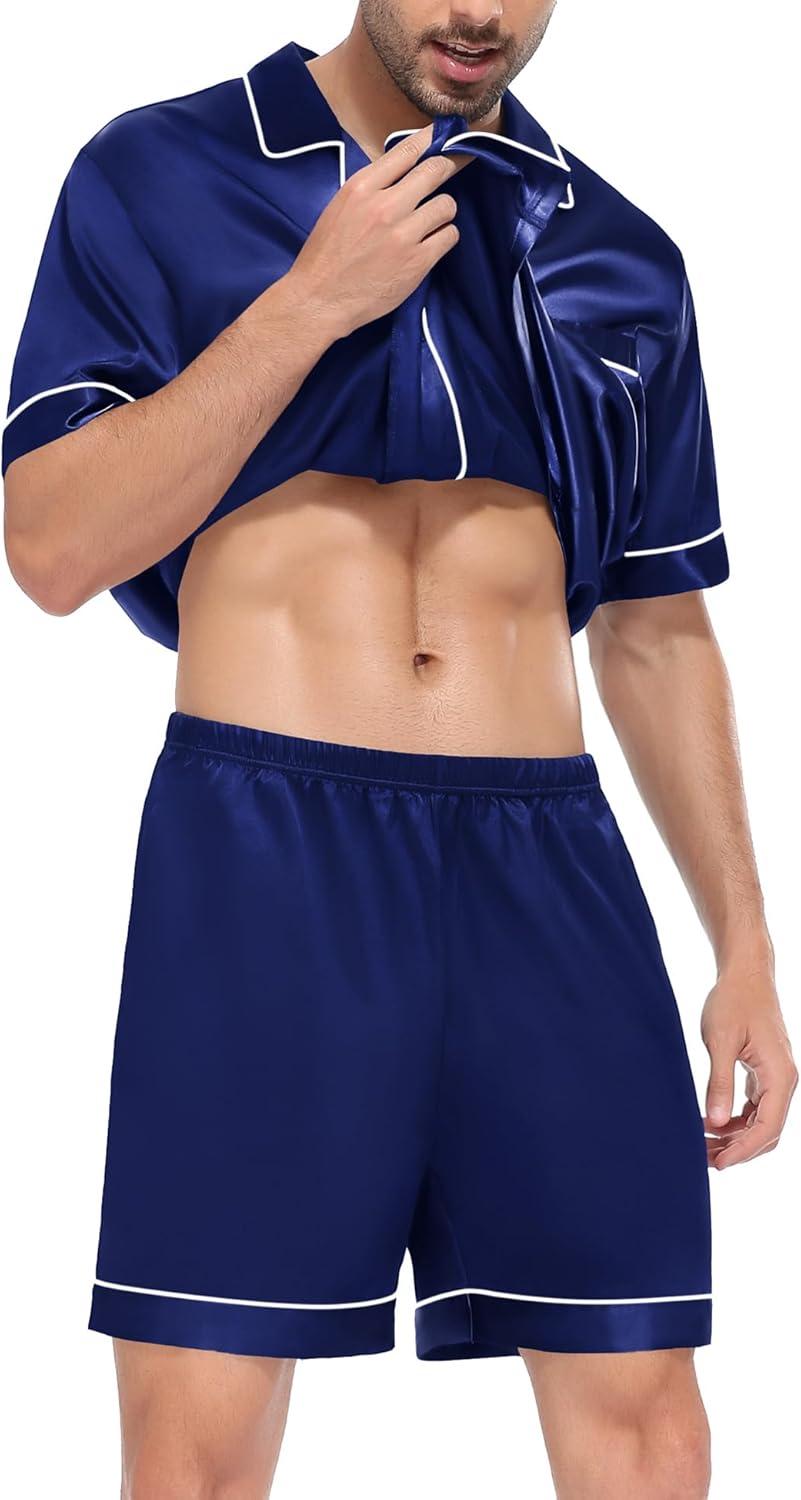 imageSWOMOG Satin Matching Pajamas Sets Couple Silk Button Down Nightwear Women amp Men Short Sleeve Sleepwear 2 Pieces LoungewearNavy Blue