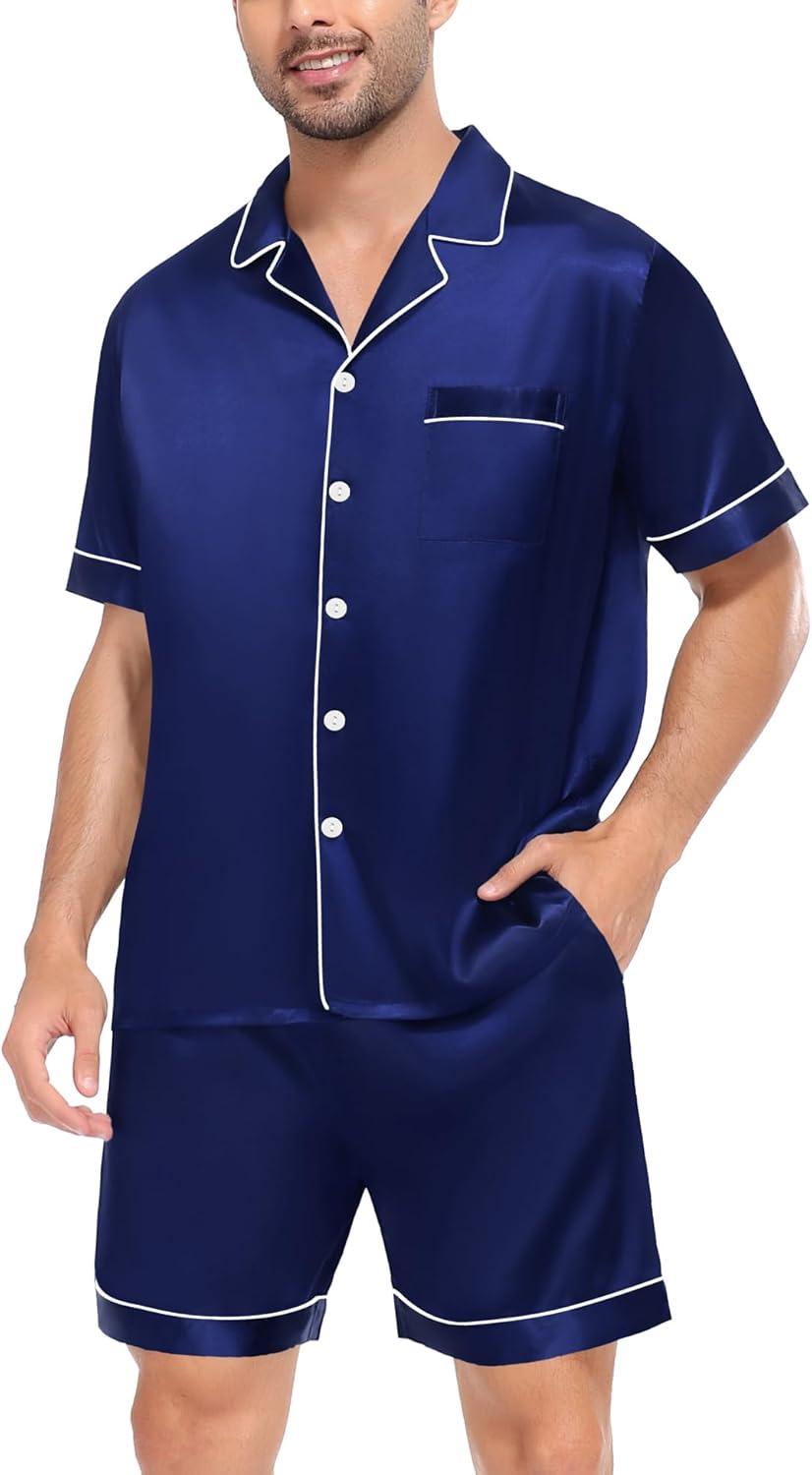 imageSWOMOG Satin Matching Pajamas Sets Couple Silk Button Down Nightwear Women amp Men Short Sleeve Sleepwear 2 Pieces LoungewearNavy Blue