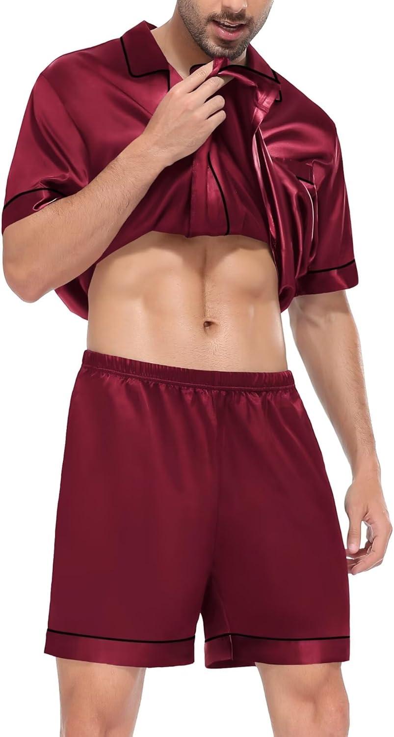 imageSWOMOG Satin Matching Pajamas Sets Couple Silk Button Down Nightwear Women amp Men Short Sleeve Sleepwear 2 Pieces LoungewearWine Red