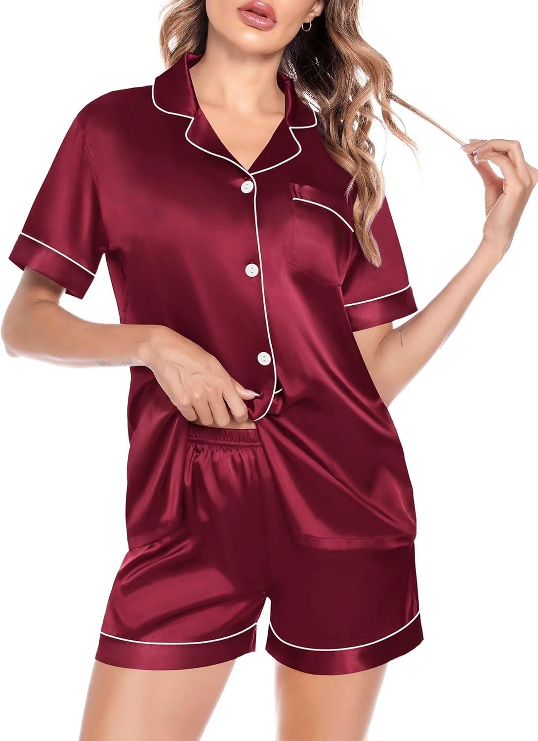 imageSWOMOG Satin Matching Pajamas Sets Couple Silk Button Down Nightwear Women amp Men Short Sleeve Sleepwear 2 Pieces LoungewearWine Red