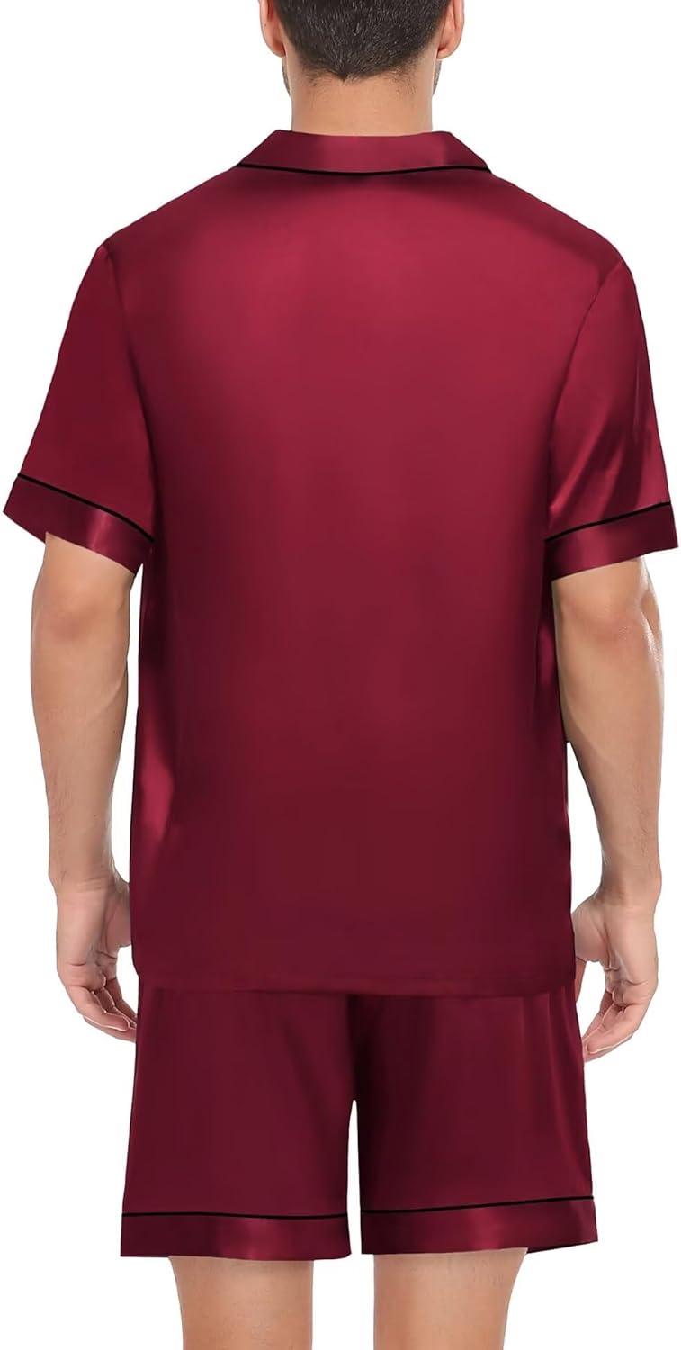 imageSWOMOG Satin Matching Pajamas Sets Couple Silk Button Down Nightwear Women amp Men Short Sleeve Sleepwear 2 Pieces LoungewearWine Red