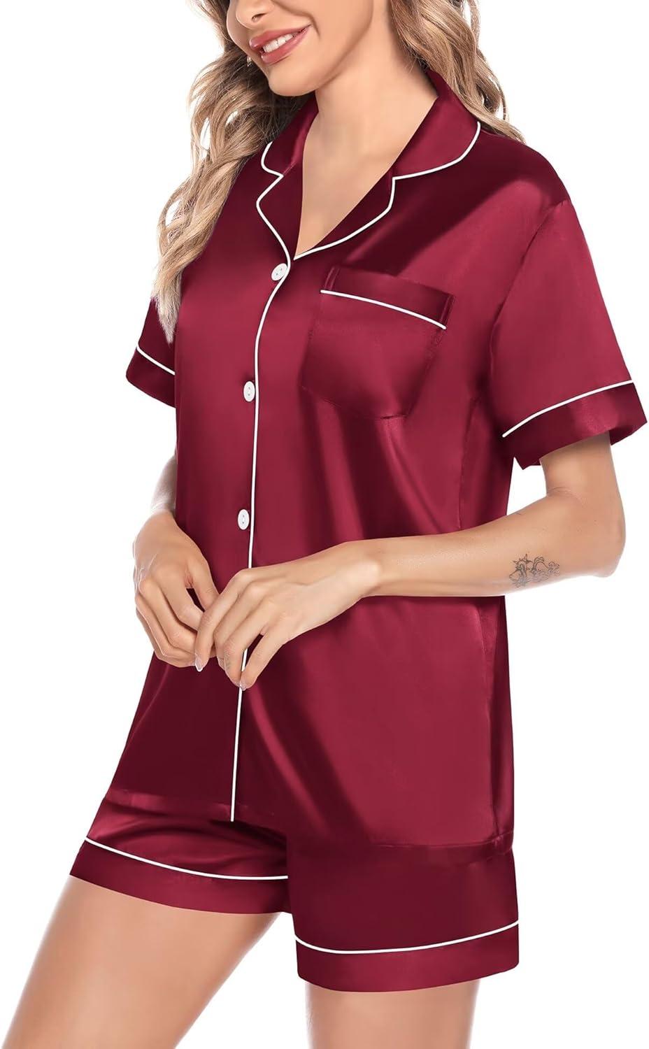 imageSWOMOG Satin Matching Pajamas Sets Couple Silk Button Down Nightwear Women amp Men Short Sleeve Sleepwear 2 Pieces LoungewearWine Red