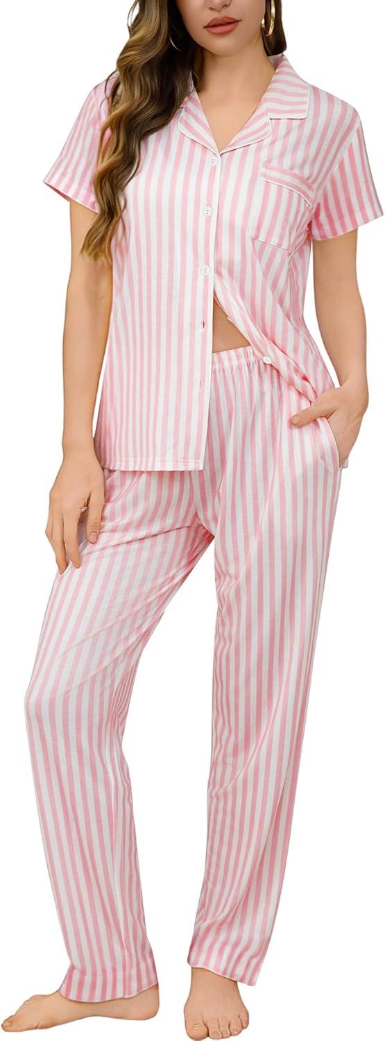 imageSWOMOG Women Pajama Sets TwoPiece Nightwear Short Sleeve Sleepwear Button Down Pj Lounge Sets with Long PantsPink Striped