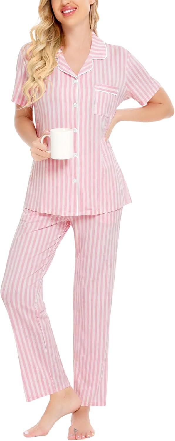 imageSWOMOG Women Pajama Sets TwoPiece Nightwear Short Sleeve Sleepwear Button Down Pj Lounge Sets with Long PantsPink Striped