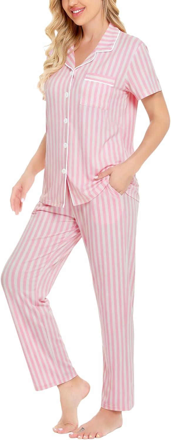 imageSWOMOG Women Pajama Sets TwoPiece Nightwear Short Sleeve Sleepwear Button Down Pj Lounge Sets with Long PantsPink Striped