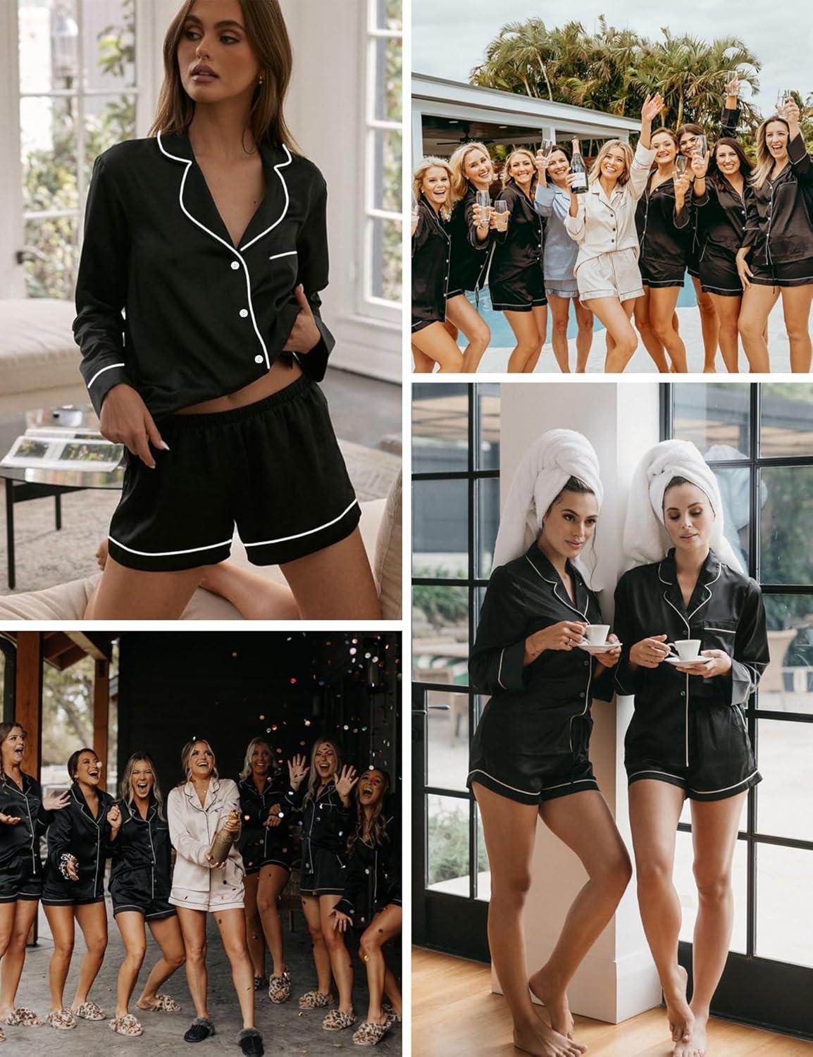 imageSWOMOG Womens 2 PCS 3 PCS Pajamas Set Silk Satin Long Sleeve Sleepwear Button Down Loungewear Pjs NightwearZ Black 2 Pcs