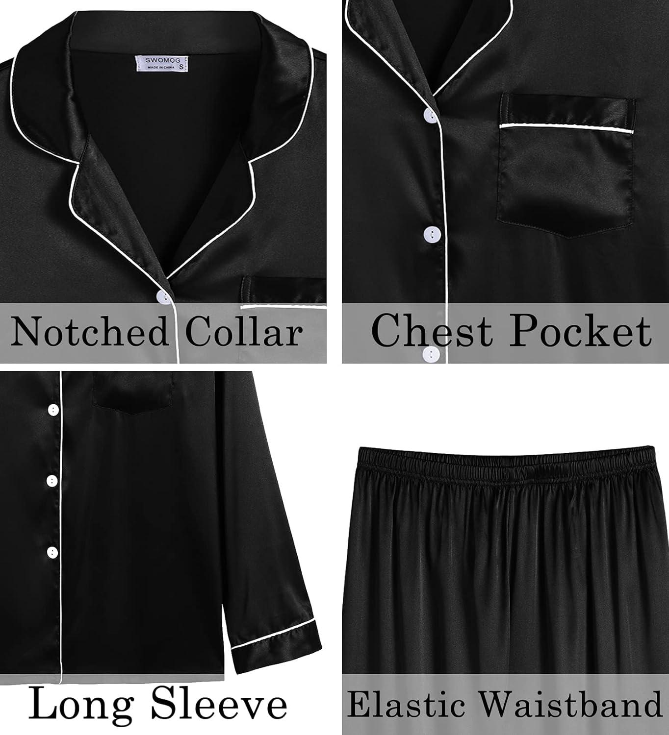 imageSWOMOG Womens 2 PCS 3 PCS Pajamas Set Silk Satin Long Sleeve Sleepwear Button Down Loungewear Pjs NightwearZ Black 2 Pcs