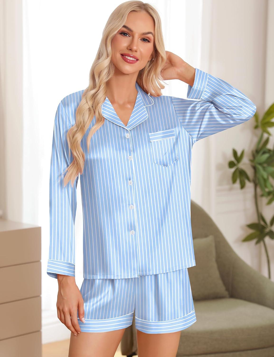 imageSWOMOG Womens 2 PCS 3 PCS Pajamas Set Silk Satin Long Sleeve Sleepwear Button Down Loungewear Pjs NightwearZ Blue Striped 2 Pcs