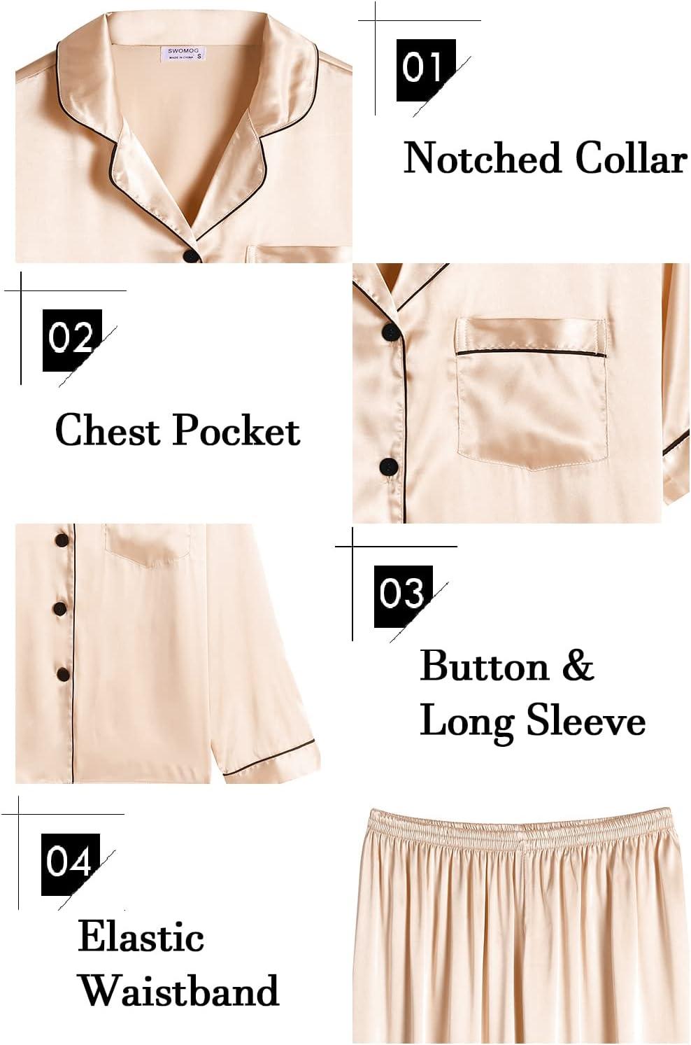 imageSWOMOG Womens 2 PCS 3 PCS Pajamas Set Silk Satin Long Sleeve Sleepwear Button Down Loungewear Pjs NightwearZ Champagne 2 Pcs