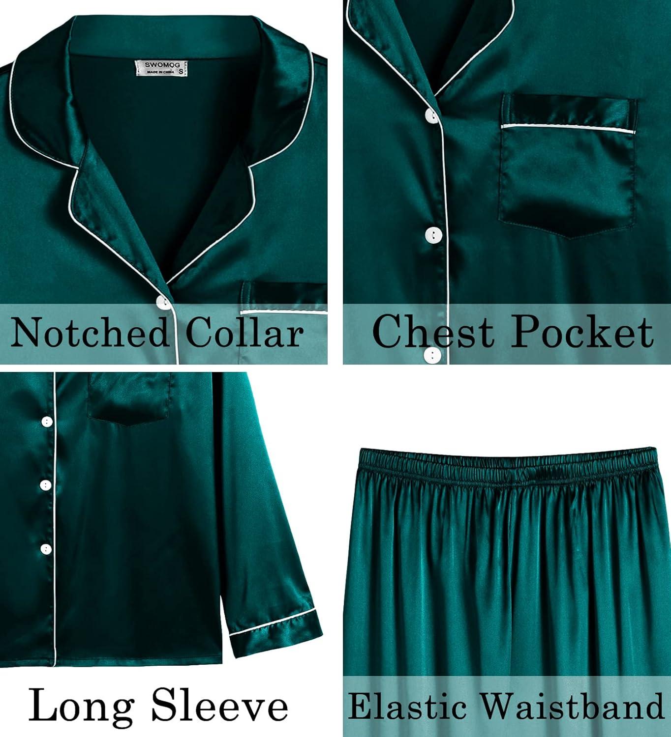 imageSWOMOG Womens 2 PCS 3 PCS Pajamas Set Silk Satin Long Sleeve Sleepwear Button Down Loungewear Pjs NightwearZ Deep Green 2 Pcs