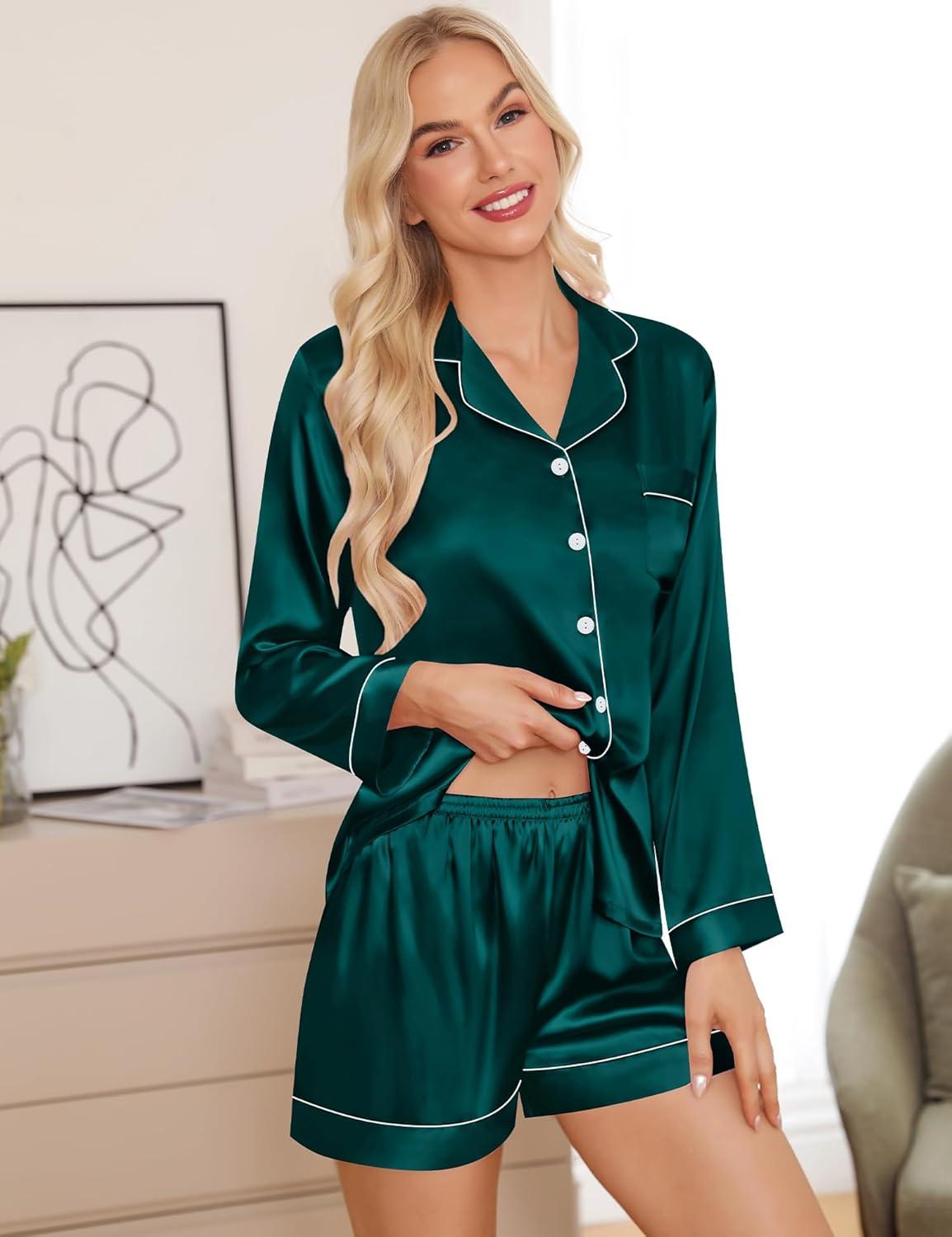 imageSWOMOG Womens 2 PCS 3 PCS Pajamas Set Silk Satin Long Sleeve Sleepwear Button Down Loungewear Pjs NightwearZ Deep Green 2 Pcs