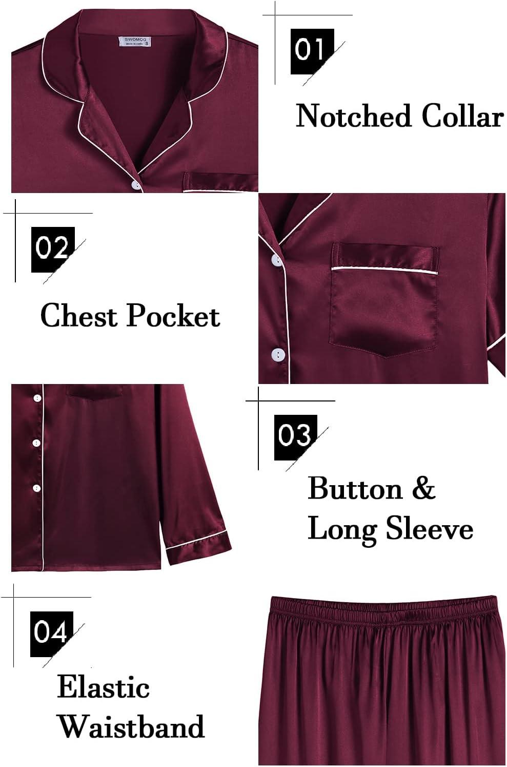 imageSWOMOG Womens 2 PCS 3 PCS Pajamas Set Silk Satin Long Sleeve Sleepwear Button Down Loungewear Pjs NightwearZ Deep Wine Red 2 Pcs