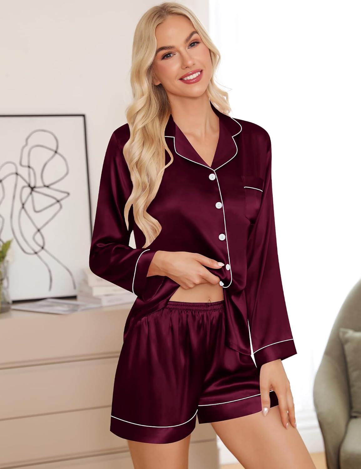 imageSWOMOG Womens 2 PCS 3 PCS Pajamas Set Silk Satin Long Sleeve Sleepwear Button Down Loungewear Pjs NightwearZ Deep Wine Red 2 Pcs