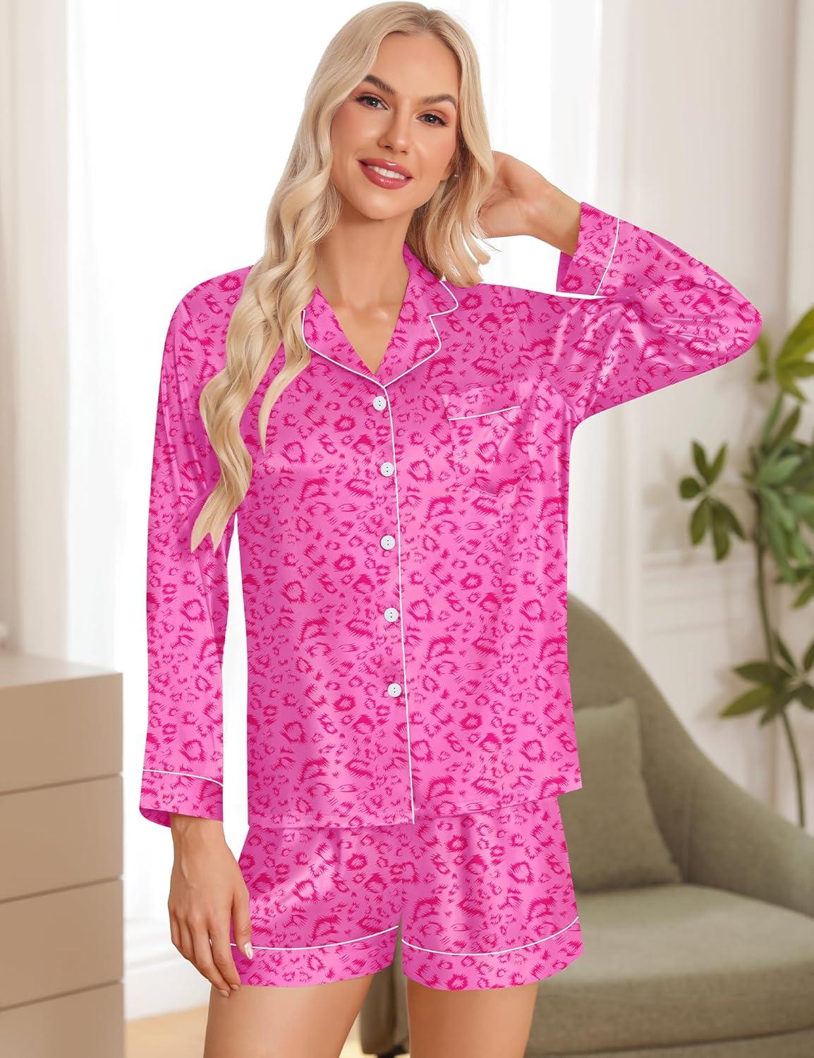 imageSWOMOG Womens 2 PCS 3 PCS Pajamas Set Silk Satin Long Sleeve Sleepwear Button Down Loungewear Pjs NightwearZ Hot Pink Leopard 2 Pcs