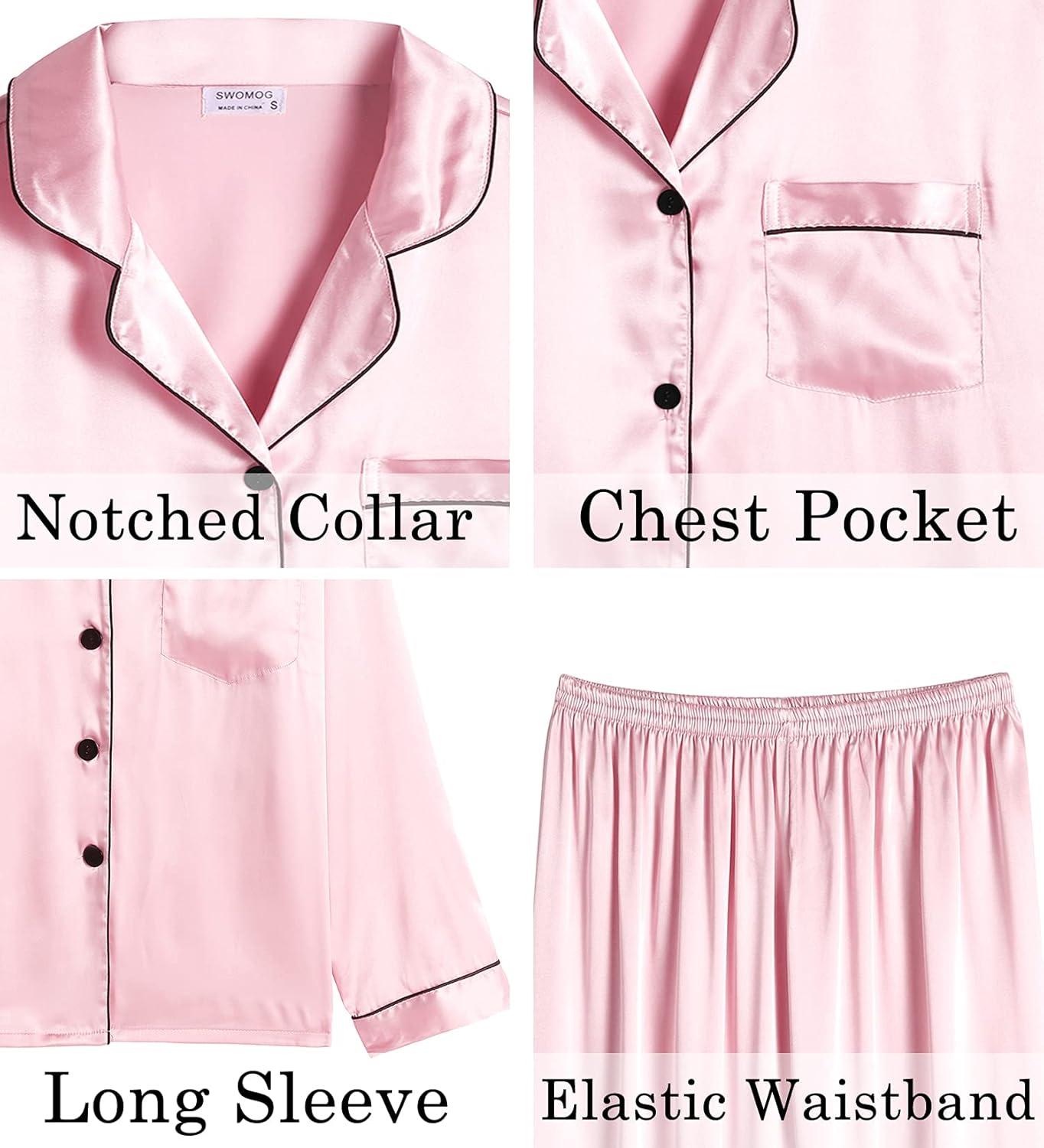 imageSWOMOG Womens 2 PCS 3 PCS Pajamas Set Silk Satin Long Sleeve Sleepwear Button Down Loungewear Pjs NightwearZ Pink 2 Pcs