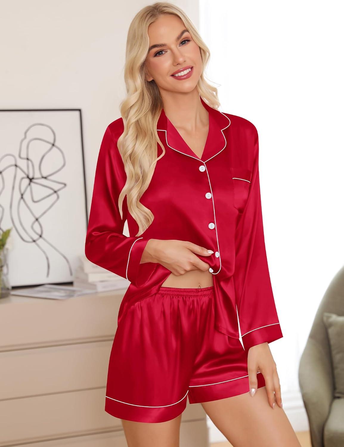 imageSWOMOG Womens 2 PCS 3 PCS Pajamas Set Silk Satin Long Sleeve Sleepwear Button Down Loungewear Pjs NightwearZ Red 2 Pcs