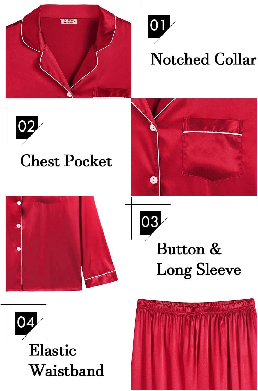imageSWOMOG Womens 2 PCS 3 PCS Pajamas Set Silk Satin Long Sleeve Sleepwear Button Down Loungewear Pjs NightwearZ Red 2 Pcs