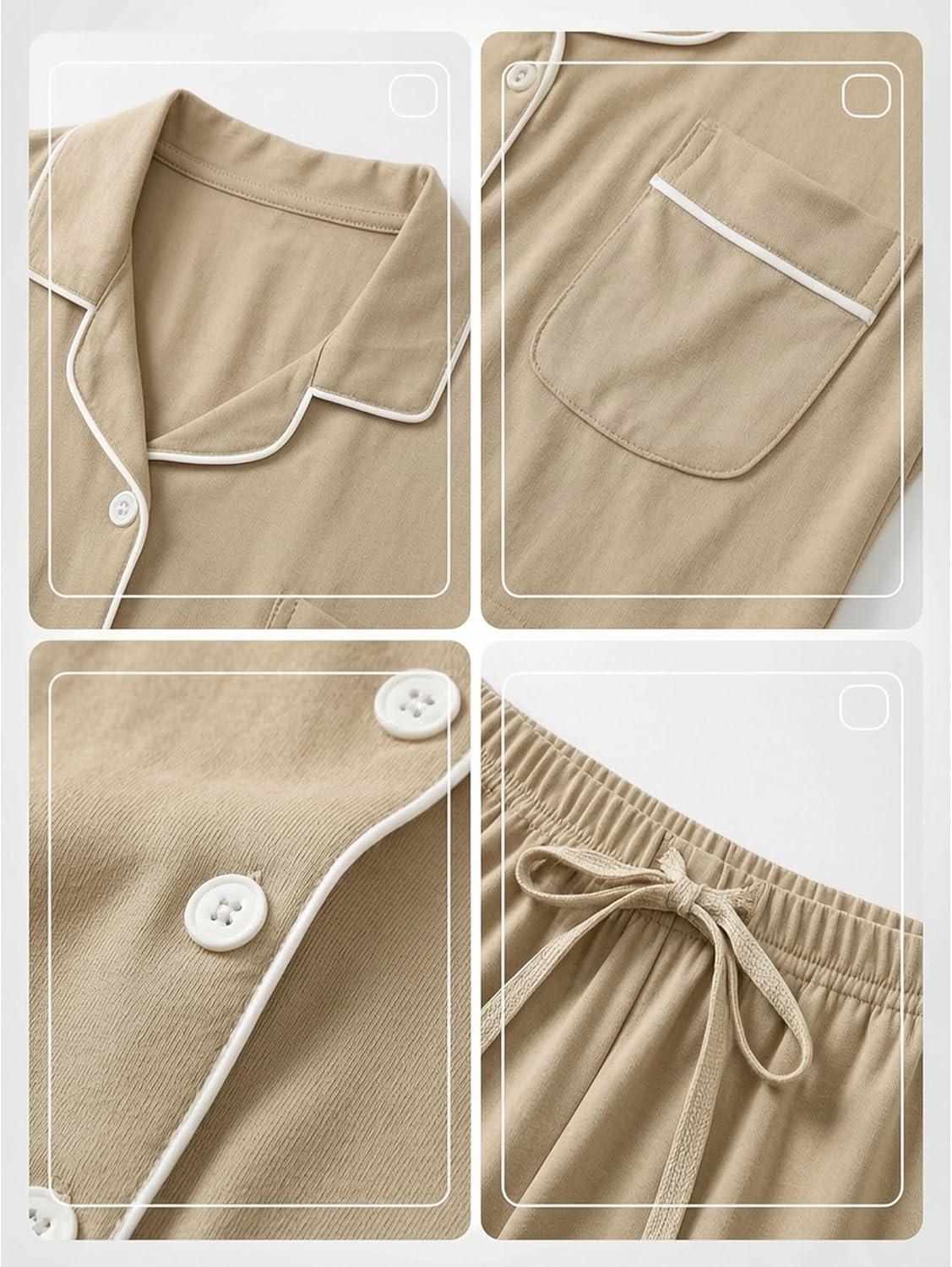 imageSWOMOG Womens Button Down Pajamas Set Short Sleeve Sleepwear Bride Soft Pj Lounge Sets XS3XLKhaki