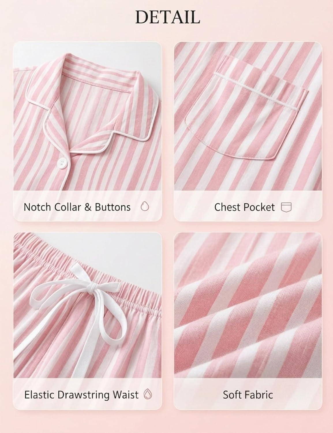 imageSWOMOG Womens Button Down Pajamas Set Short Sleeve Sleepwear Bride Soft Pj Lounge Sets XS3XLPink Vertical Stripes