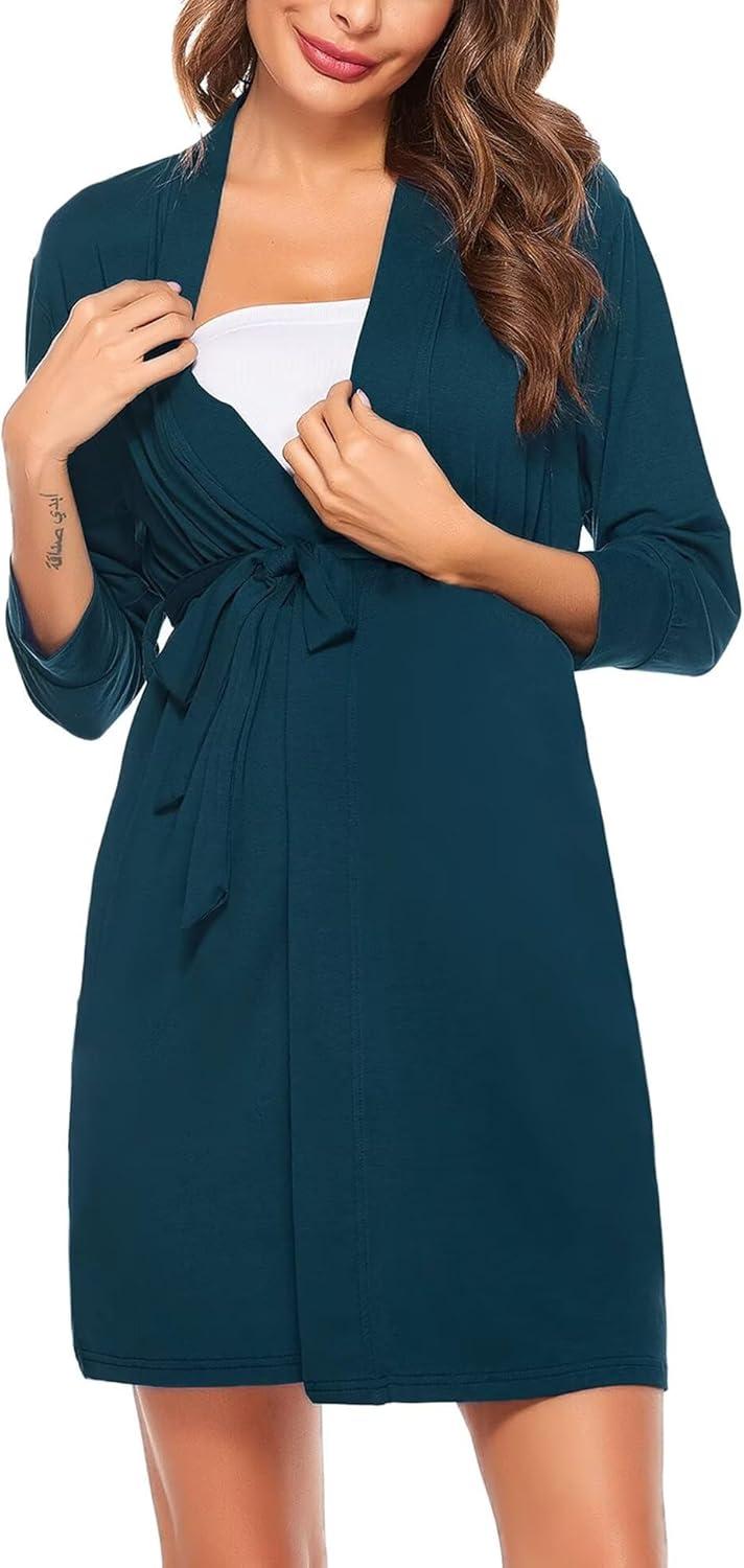 imageSWOMOG Womens Maternity Nursing Robe Pregnancy Breastfeeding Bathrobes 3 in 1 Labor Delivery Nightgowns34 Sleeve Blue Green