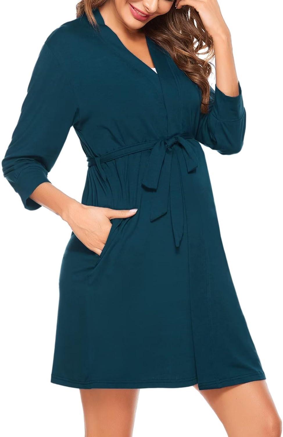 imageSWOMOG Womens Maternity Nursing Robe Pregnancy Breastfeeding Bathrobes 3 in 1 Labor Delivery Nightgowns34 Sleeve Blue Green