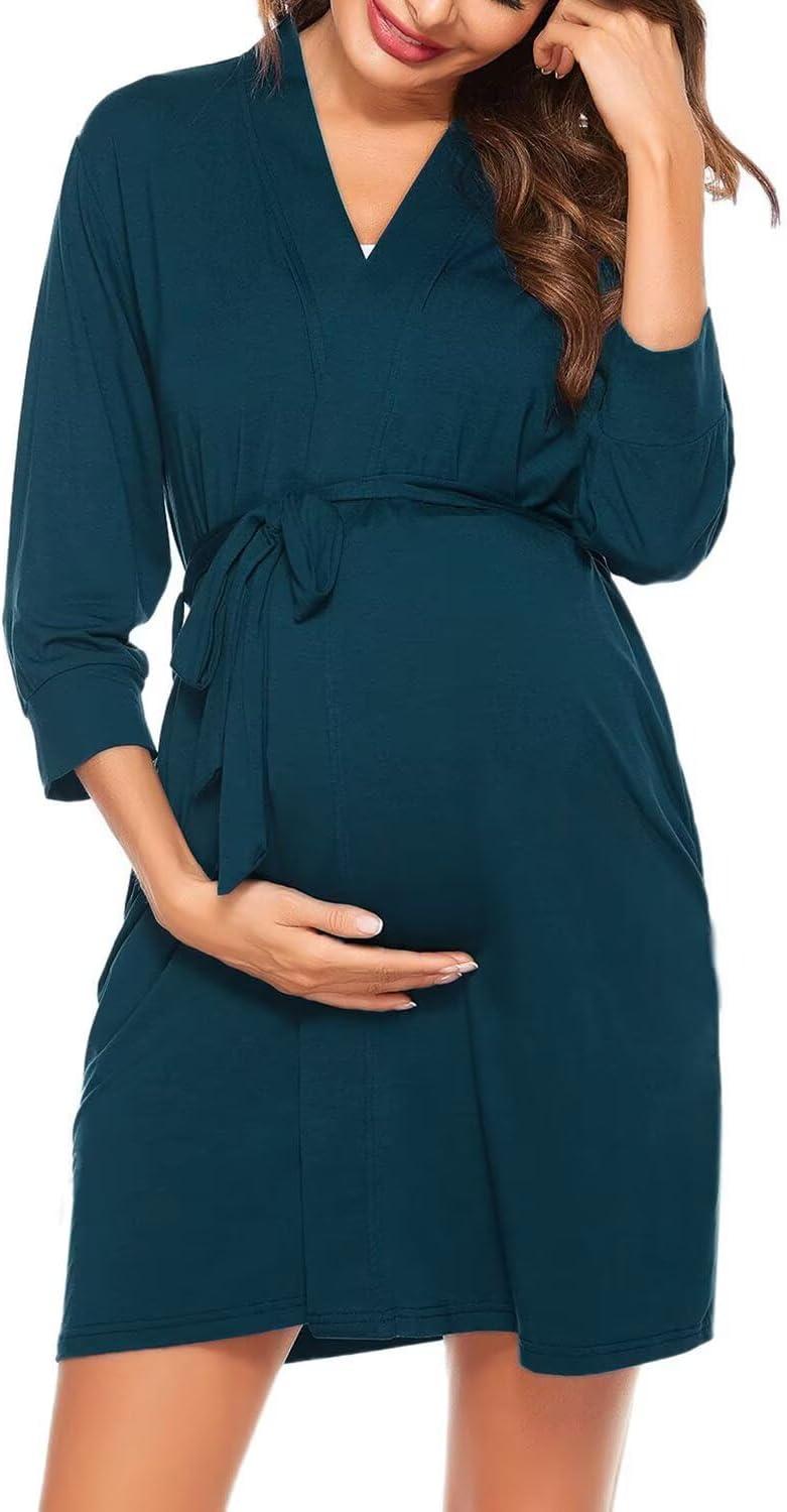 imageSWOMOG Womens Maternity Nursing Robe Pregnancy Breastfeeding Bathrobes 3 in 1 Labor Delivery Nightgowns34 Sleeve Blue Green
