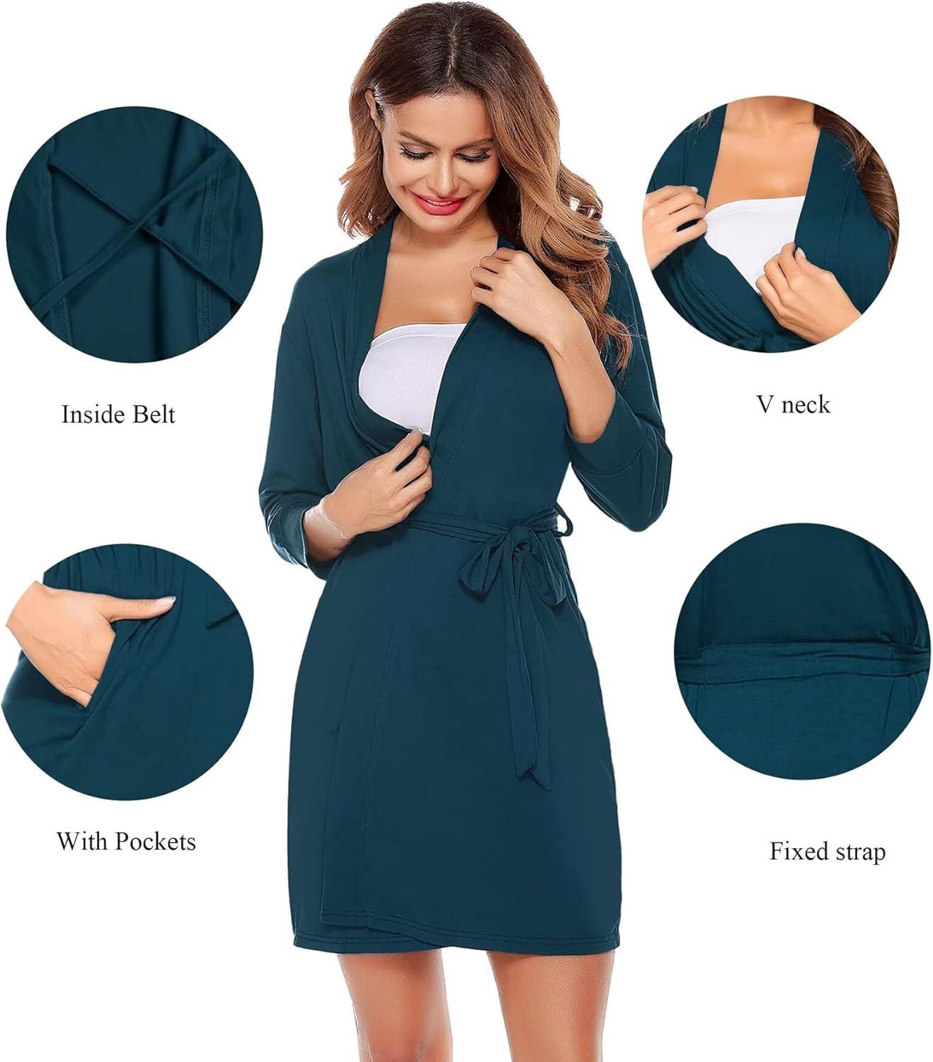 imageSWOMOG Womens Maternity Nursing Robe Pregnancy Breastfeeding Bathrobes 3 in 1 Labor Delivery Nightgowns34 Sleeve Blue Green